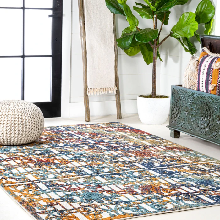 Cetara Ornate Trellis Cream/Blue/Orange 3 ft. x 5 ft. Indoor/Outdoor Area Rug