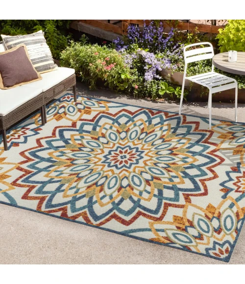 Flora Abstract Bold Mandala High-Low Red/Blue/Yellow 3 ft. x 5 ft. Indoor/Outdoor Area Rug