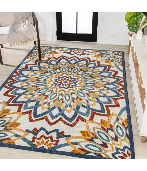 Flora Abstract Bold Mandala High-Low Red/Blue/Yellow 3 ft. x 5 ft. Indoor/Outdoor Area Rug