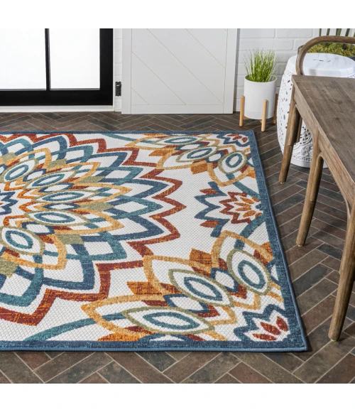 Flora Abstract Bold Mandala High-Low Red/Blue/Yellow 3 ft. x 5 ft. Indoor/Outdoor Area Rug