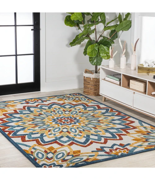 Flora Abstract Bold Mandala High-Low Red/Blue/Yellow 3 ft. x 5 ft. Indoor/Outdoor Area Rug