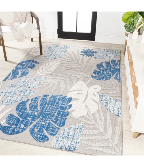 Monstera Tropical Leaf High-Low Light Gray/Navy 8 ft. x 10 ft. Indoor/Outdoor Area Rug