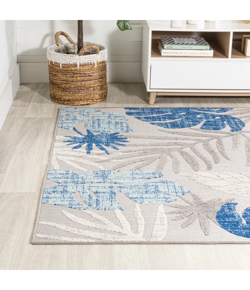 Monstera Tropical Leaf High-Low Light Gray/Navy 8 ft. x 10 ft. Indoor/Outdoor Area Rug
