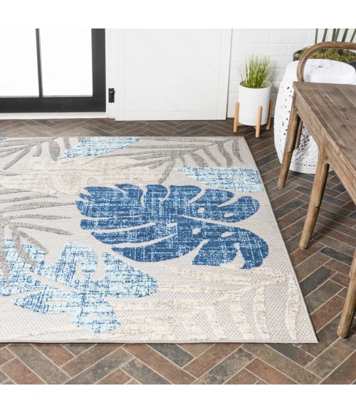 Monstera Tropical Leaf High-Low Light Gray/Navy 8 ft. x 10 ft. Indoor/Outdoor Area Rug
