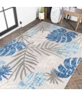 Monstera Tropical Leaf High-Low Light Gray/Navy 8 ft. x 10 ft. Indoor/Outdoor Area Rug