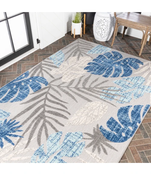 Monstera Tropical Leaf High-Low Light Gray/Navy 8 ft. x 10 ft. Indoor/Outdoor Area Rug