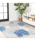Monstera Tropical Leaf High-Low Light Gray/Navy 8 ft. x 10 ft. Indoor/Outdoor Area Rug
