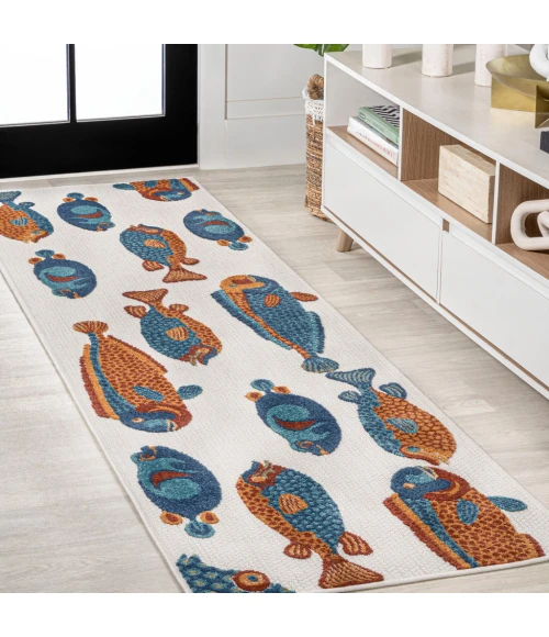 Algarve Modern Fish High-Low Navy/Orange/Cream 2 ft. x 8 ft. Indoor/Outdoor Runner Rug