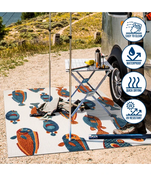 Algarve Modern Fish High-Low Navy/Orange/Cream 2 ft. x 8 ft. Indoor/Outdoor Runner Rug