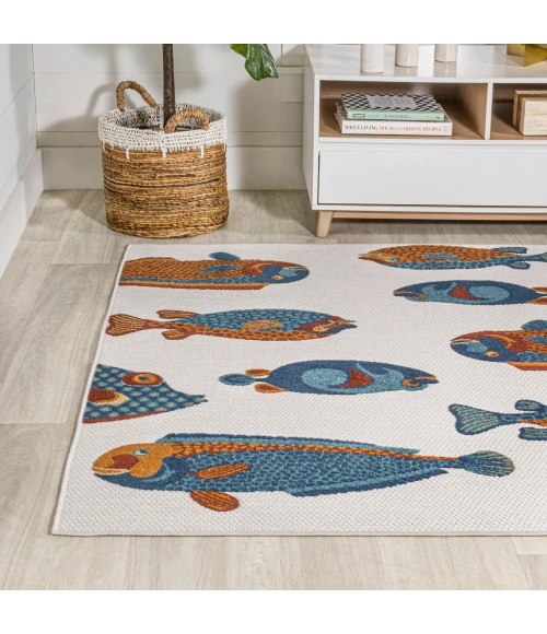 Algarve Modern Fish High-Low Navy/Orange/Cream 8 ft. x 10 ft. Indoor/Outdoor Area Rug