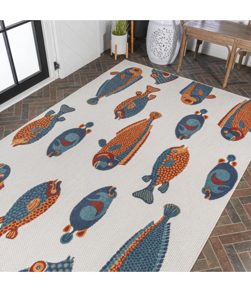 Algarve Modern Fish High-Low Navy/Orange/Cream 8 ft. x 10 ft. Indoor/Outdoor Area Rug