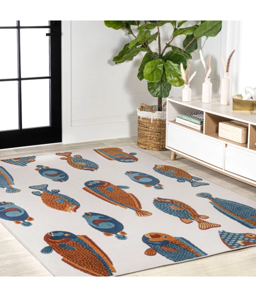 Algarve Modern Fish High-Low Navy/Orange/Cream 8 ft. x 10 ft. Indoor/Outdoor Area Rug