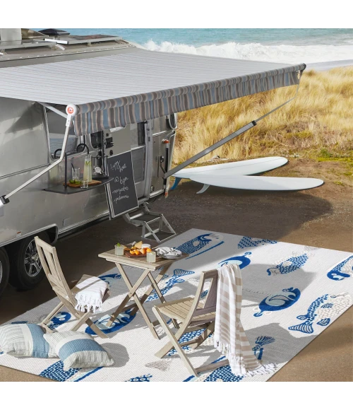 Nerja Coastal Fish High-Low Gray/Navy 2 ft. x 8 ft. Indoor/Outdoor Runner Rug