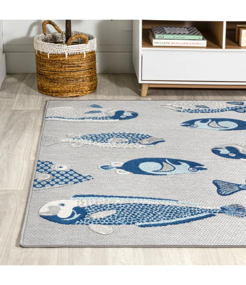 Nerja Coastal Fish High-Low Gray/Navy 8 ft. x 10 ft. Indoor/Outdoor Area Rug
