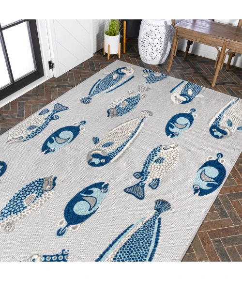 Nerja Coastal Fish High-Low Gray/Navy 8 ft. x 10 ft. Indoor/Outdoor Area Rug