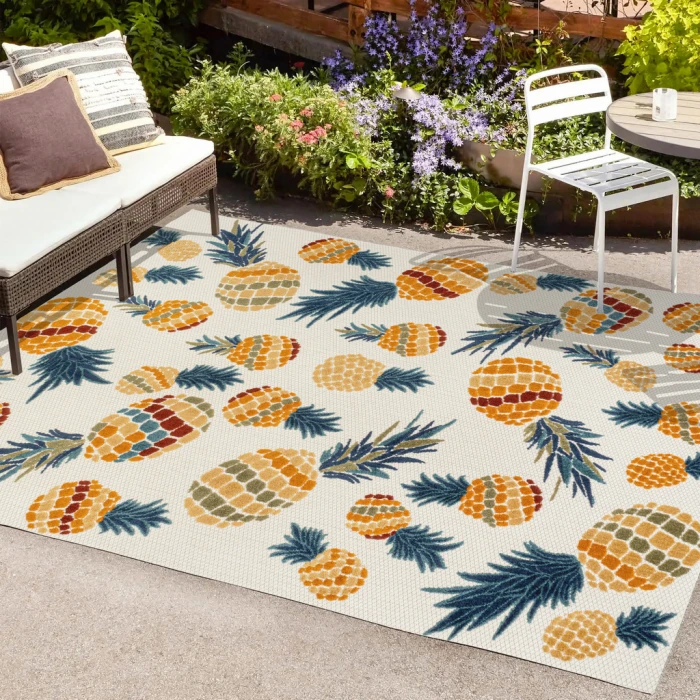 Ananas Bold Pineapple High-Low Orange/Navy 8 ft. x 10 ft. Indoor/Outdoor Area Rug