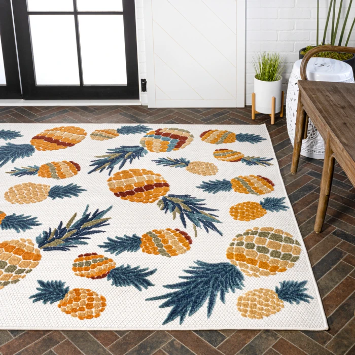 Ananas Bold Pineapple High-Low Orange/Navy 8 ft. x 10 ft. Indoor/Outdoor Area Rug