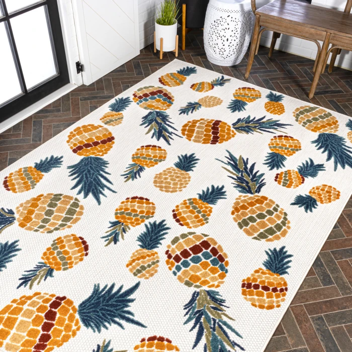 Ananas Bold Pineapple High-Low Orange/Navy 8 ft. x 10 ft. Indoor/Outdoor Area Rug