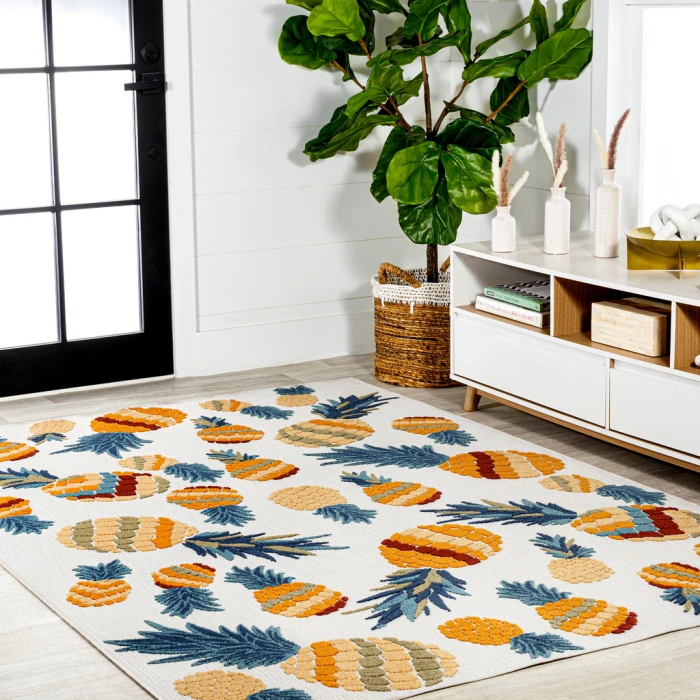 Ananas Bold Pineapple High-Low Orange/Navy 8 ft. x 10 ft. Indoor/Outdoor Area Rug