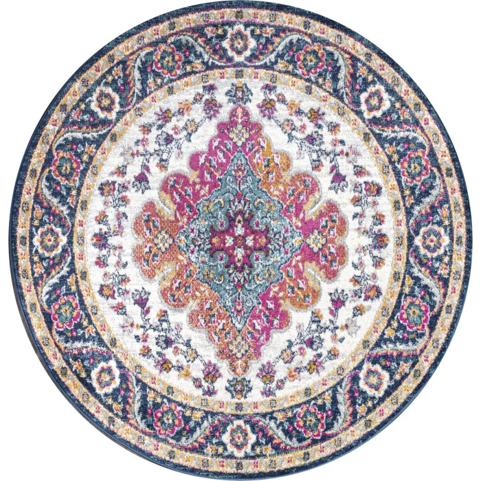 Bohemian FLAIR Boho Vintage Medallion Blue/Multi 4' Round Area Rug