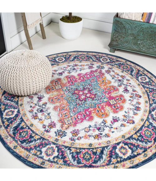 Bohemian FLAIR Boho Vintage Medallion Blue/Multi 8' Round Area Rug
