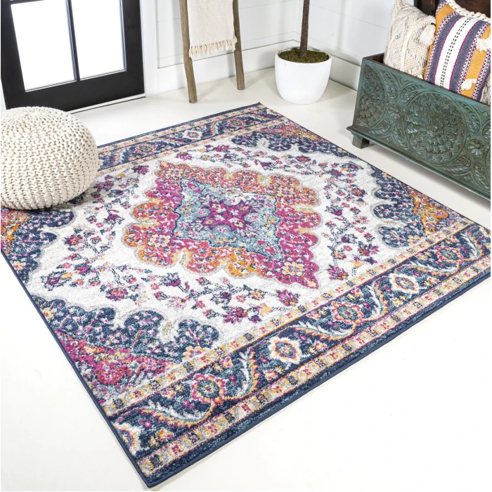Bohemian FLAIR Boho Vintage Medallion Blue/Multi 8' Square Area Rug