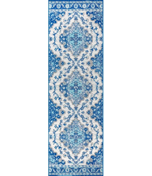 Bohemian FLAIR Boho Vintage Medallion Cream/Blue 2 ft. x 10 ft. Runner Rug
