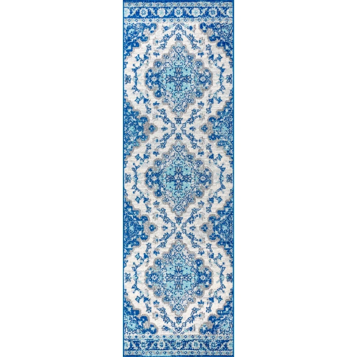Bohemian FLAIR Boho Vintage Medallion Cream/Blue 2 ft. x 8 ft. Runner Rug