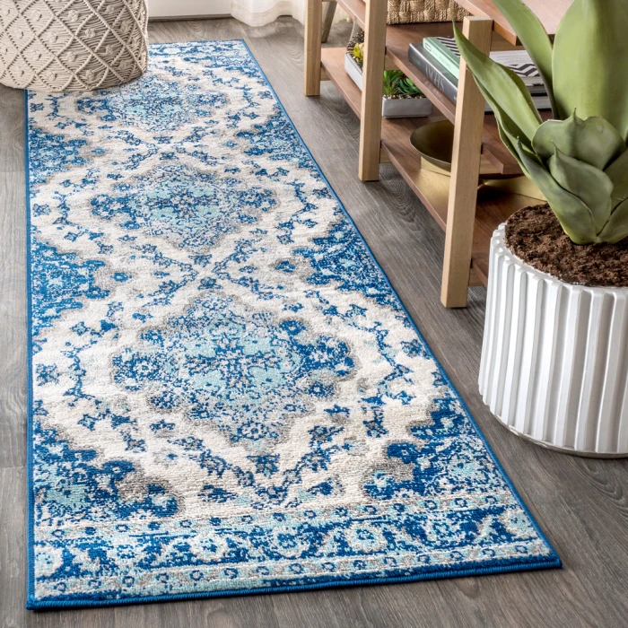 Bohemian FLAIR Boho Vintage Medallion Cream/Blue 2 ft. x 8 ft. Runner Rug