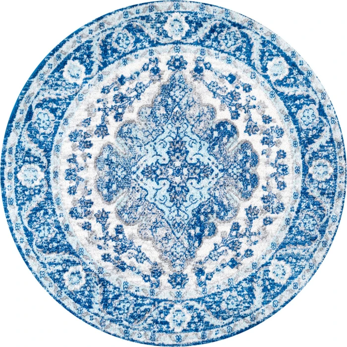 Bohemian FLAIR Boho Vintage Medallion Cream/Blue 5' Round Area Rug