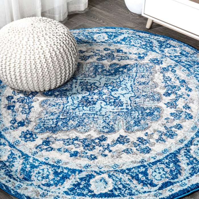 Bohemian FLAIR Boho Vintage Medallion Cream/Blue 5' Round Area Rug
