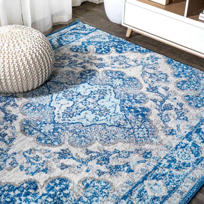 Bohemian FLAIR Boho Vintage Medallion Cream/Blue 5' Square Area Rug