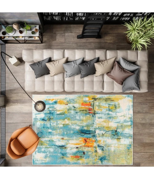 Contemporary POP Modern Abstract Waterfall Blue/Cream 8 ft. x 10 ft. Area Rug