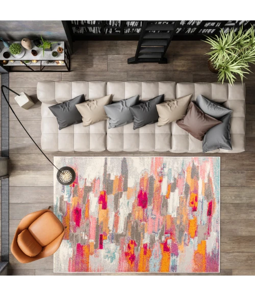 Contemporary POP Modern Abstract Brushstroke Ivory/Pink 3 ft. x 5 ft. Area Rug