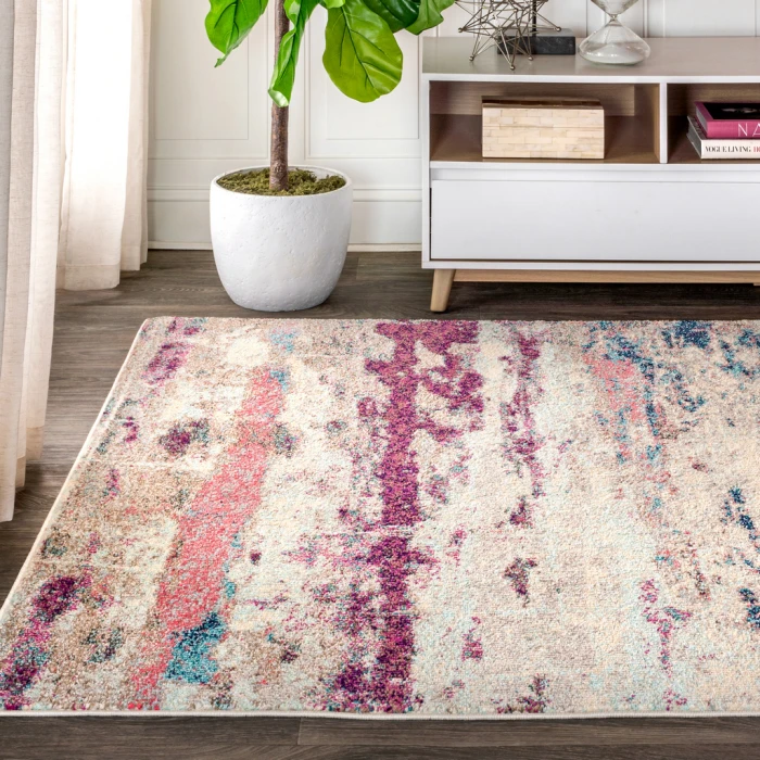 Contemporary POP Modern Abstract Brushstroke Cream/Pink 4 ft. x 6 ft. Area Rug