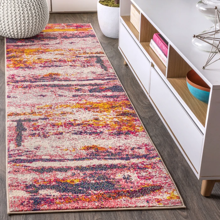 Contemporary POP Modern Abstract Brushstroke Pink/Cream 2 ft. x 8 ft. Runner Rug