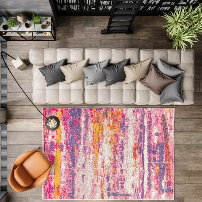 Contemporary POP Modern Abstract Brushstroke Pink/Cream 3 ft. x 5 ft. Area Rug