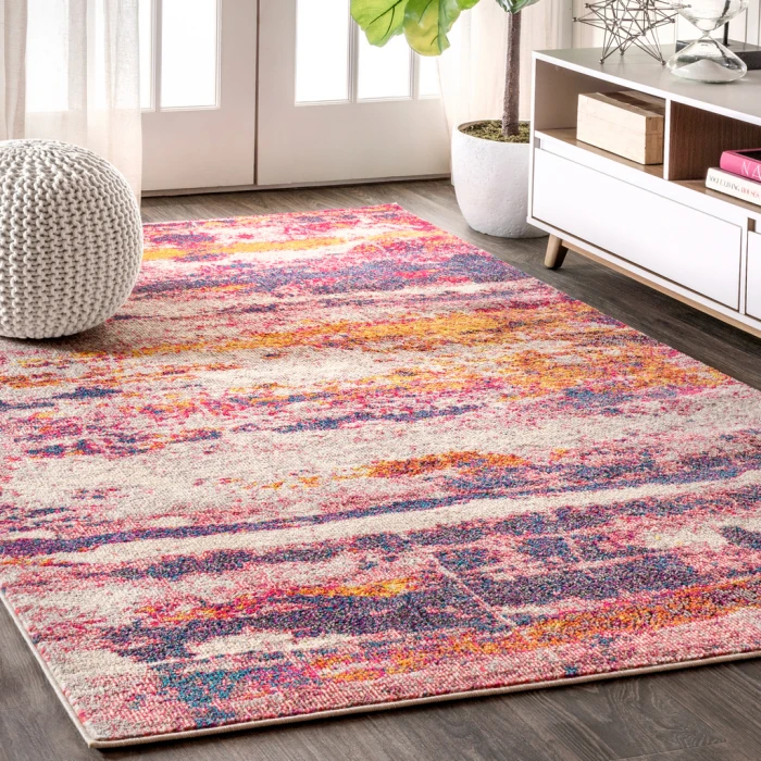 Contemporary POP Modern Abstract Brushstroke Pink/Cream 3 ft. x 5 ft. Area Rug