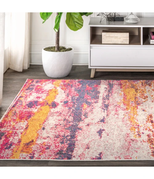 Contemporary POP Modern Abstract Brushstroke Pink/Cream 8 ft. x 10 ft. Area Rug