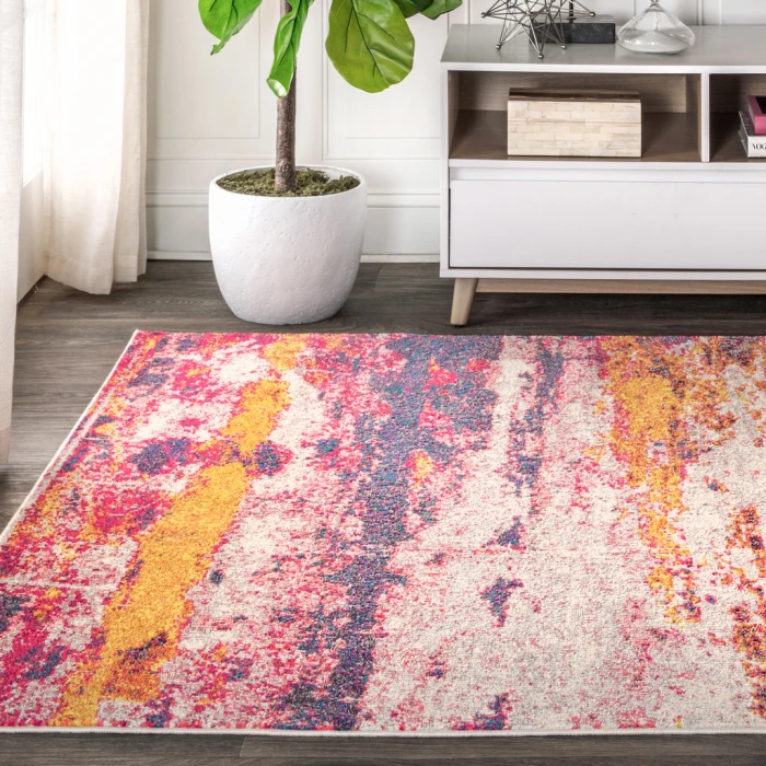 Contemporary POP Modern Abstract Brushstroke Pink/Cream 3 ft. x 5 ft. Area Rug