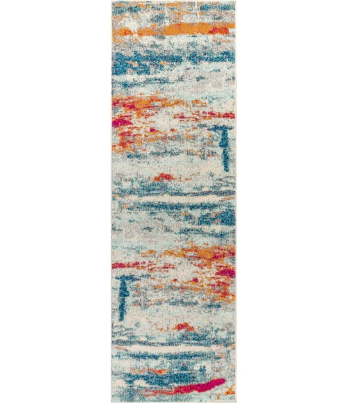 Contemporary POP Modern Abstract Brushstroke Cream/Blue 2 ft. x 8 ft. Runner Rug