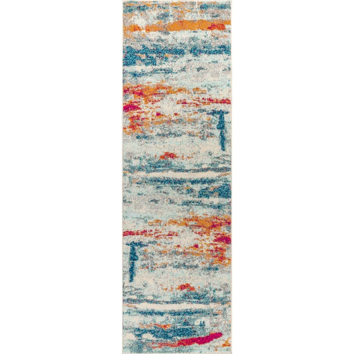 Contemporary POP Modern Abstract Brushstroke Cream/Blue 2 ft. x 8 ft. Runner Rug