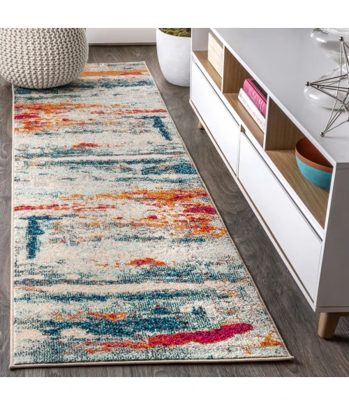 Contemporary POP Modern Abstract Brushstroke Cream/Blue 2 ft. x 8 ft. Runner Rug