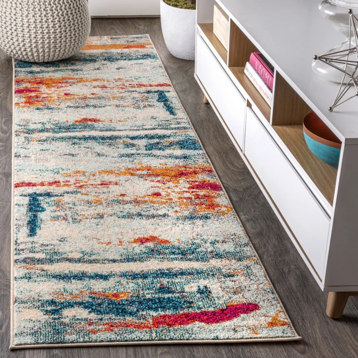 Contemporary POP Modern Abstract Brushstroke Cream/Blue 2 ft. x 8 ft. Runner Rug