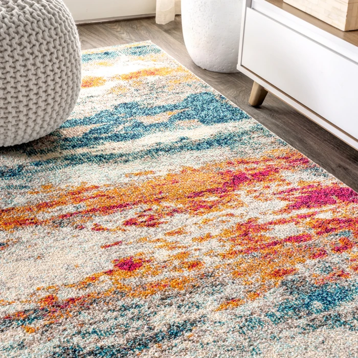 Contemporary POP Modern Abstract Brushstroke Cream/Blue 3 ft. x 5 ft. Area Rug