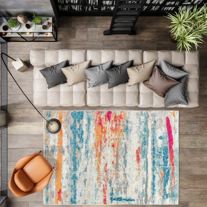 Contemporary POP Modern Abstract Brushstroke Cream/Blue 3 ft. x 5 ft. Area Rug