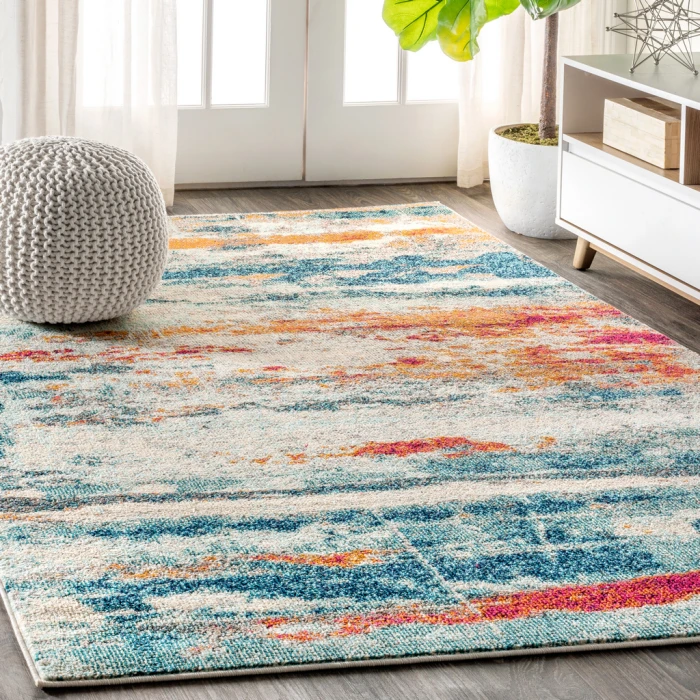 Contemporary POP Modern Abstract Brushstroke Cream/Blue 3 ft. x 5 ft. Area Rug