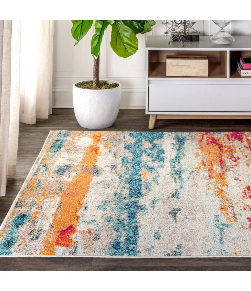 Contemporary POP Modern Abstract Brushstroke Cream/Blue 4 ft. x 6 ft. Area Rug