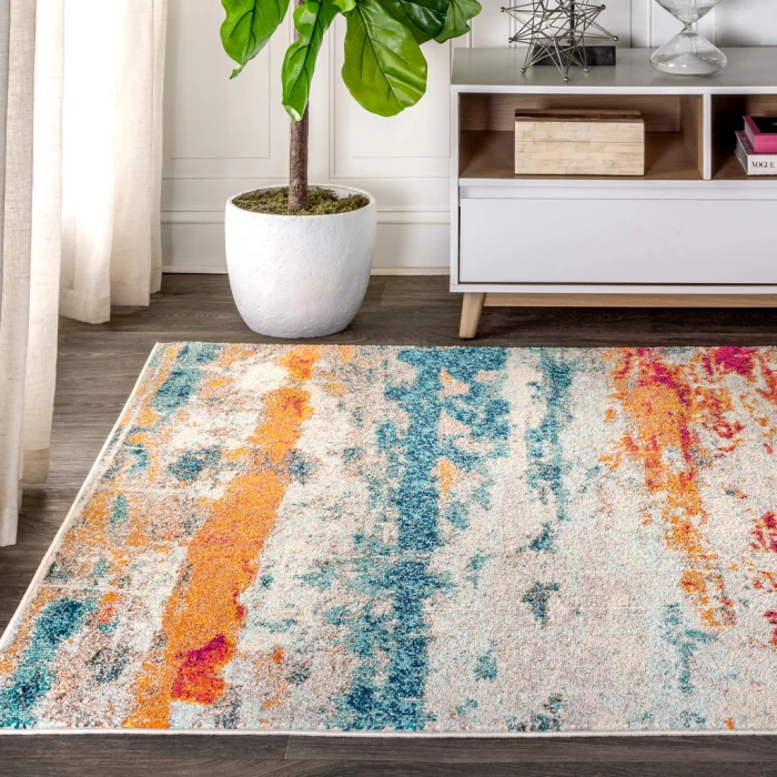 Contemporary POP Modern Abstract Brushstroke Cream/Blue 3 ft. x 5 ft. Area Rug