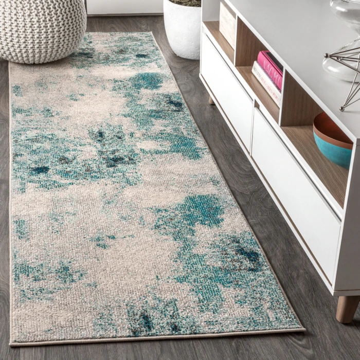 Contemporary POP Modern Abstract Vintage Cream/Blue 2 ft. x 10 ft. Runner Rug